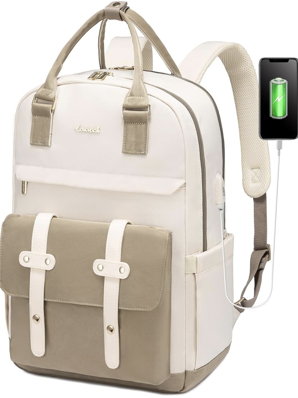 Stylish Cream and Taupe Convertible Women's Backpack with USB Port